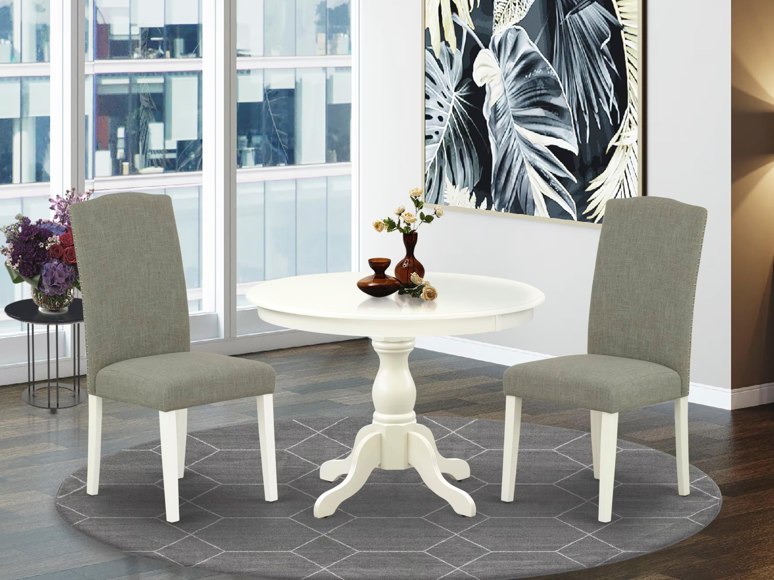 East West Furniture HBEN3-LWH-06 3 Piece Dining Table Set Contains a Round Dining Room Table with Pedestal and 2 Dark Shitake Linen Fabric Parsons Chairs, 42x42 Inch, Linen White